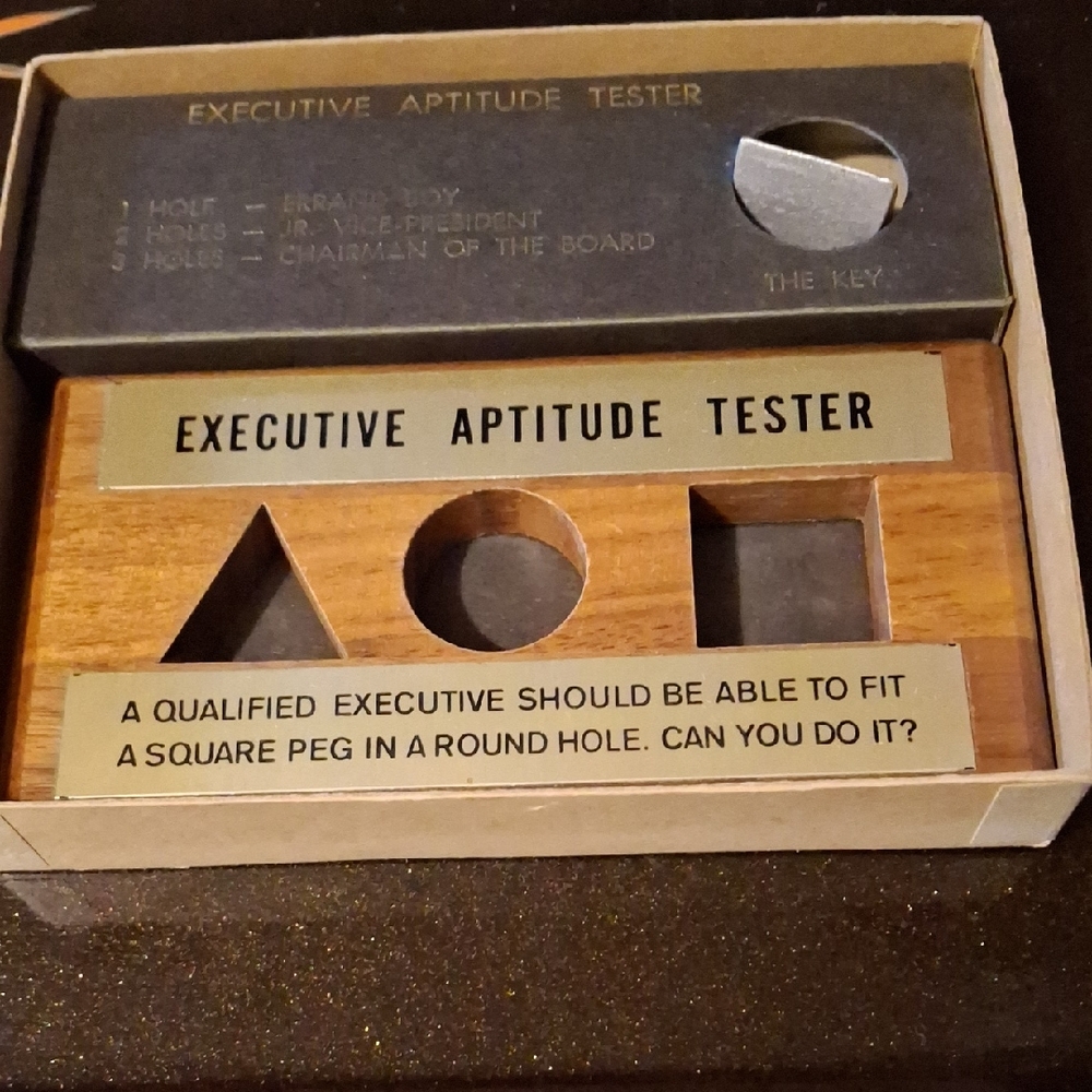 Executive Aptitude Test Puzzle Funny Gag Gift White Elephant Vintage Wood Metal